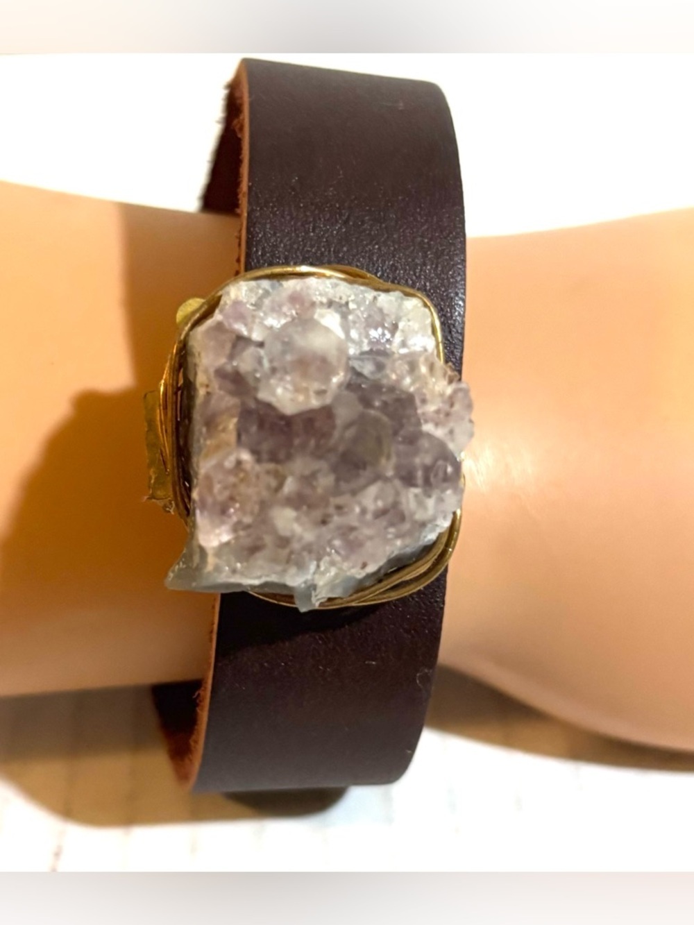 Leather Cuff Bracelet with Amethyst Druzy Accent - Purple